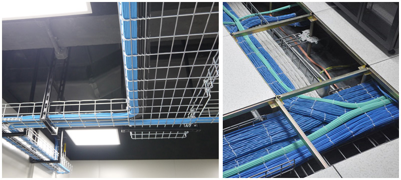 線纜鋪設(shè)-巨人科技均采用100%原裝正品線纜，沿橋架或管道敷設(shè)，排列整齊，每隔一米用魔術(shù)扎帶進(jìn)行捆扎，便于維護(hù)。